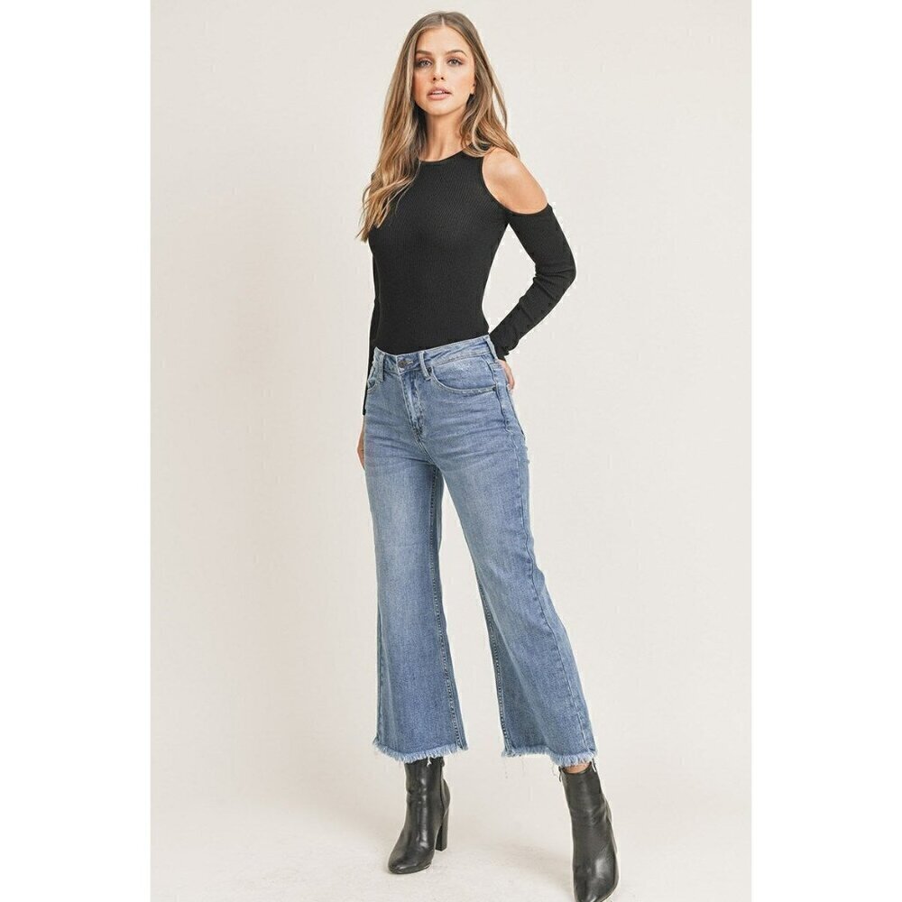 Risen Meg Wide Leg Fray Crop Ankle Jeans - Picture 2 of 5